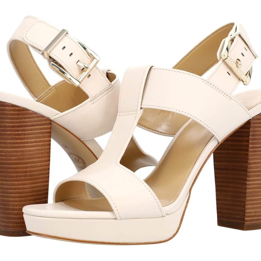 Michael Kors Becker T Strap cream,tan, brown 
Elegant Cream Block Heel Sandals